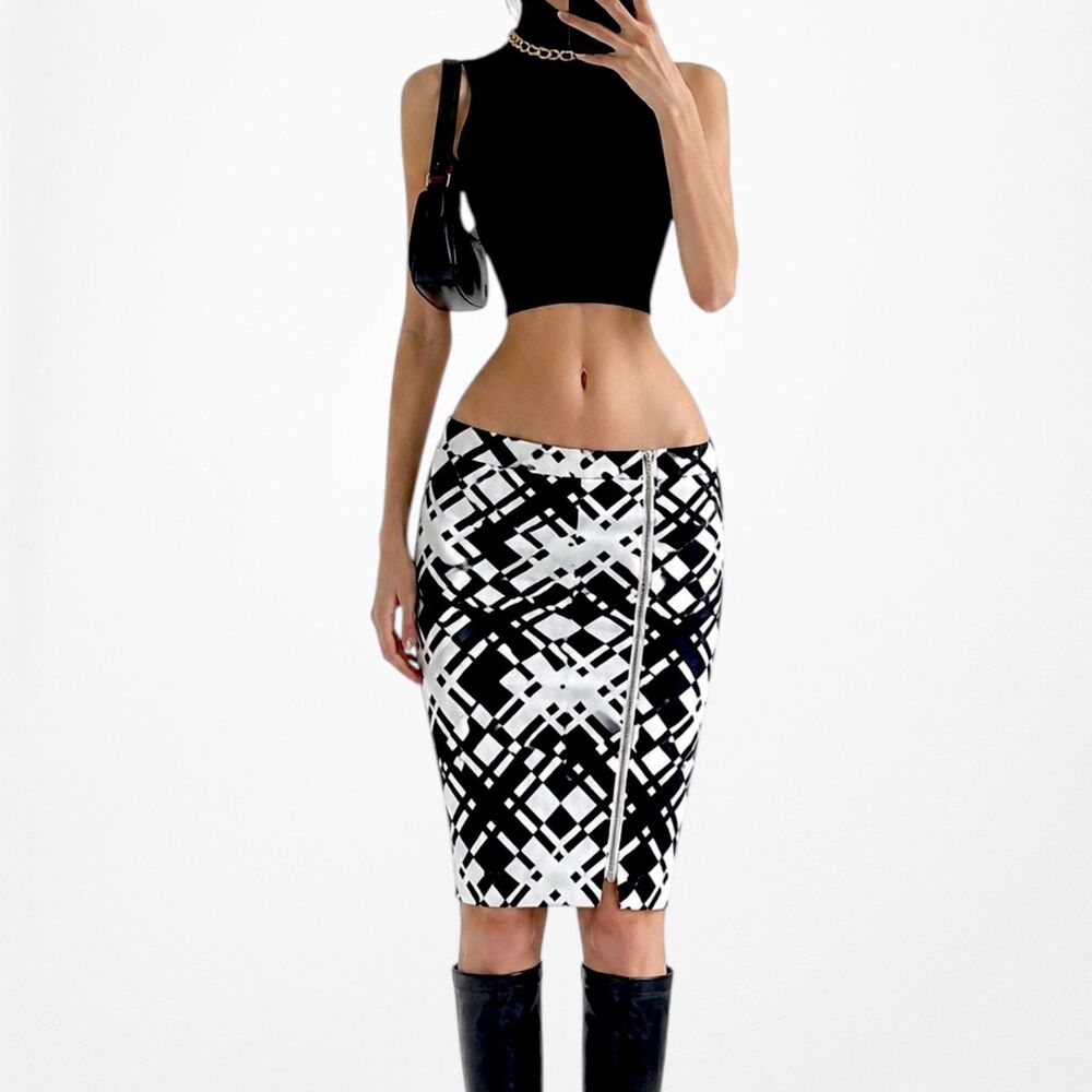 Vintage Y2K White Blue Zipper Detail Knee Length Bodycon Pencil Skirt Size S/M